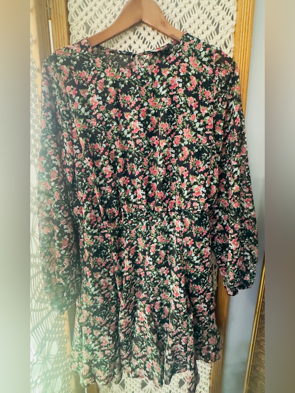 AX Paris Black Floral Mini Dress Size 12 Pink Rose Print Long Sleeve Romantic